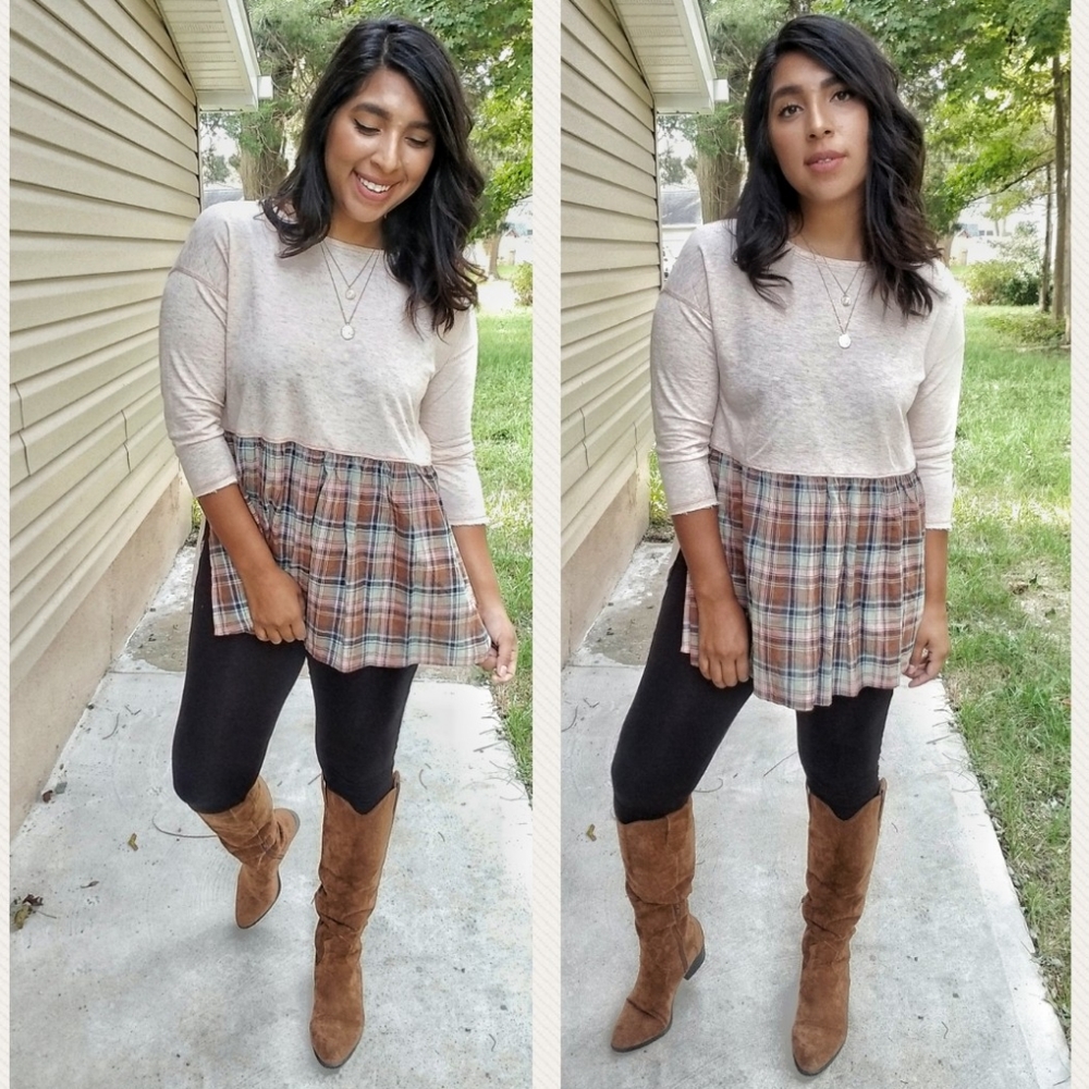 MIX & MINGLE TAN PLAID SHIRT TOP